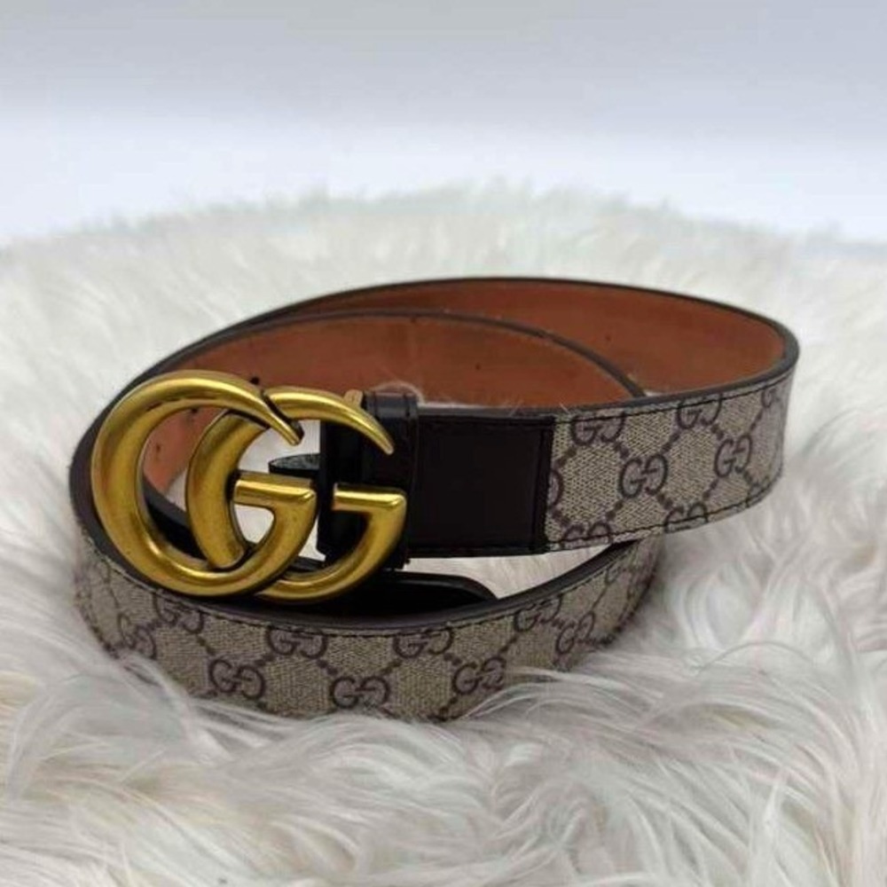 Authentic Gucci GG Marmont Belt Size 40 Beige GG Supreme Canvas Double G Used